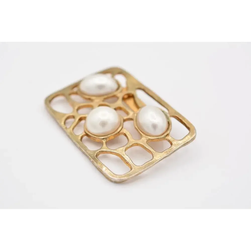 Vintage Rectangle Filigree Pin Brooch White Pearl Gold Tone 90s 1990s BinAT
